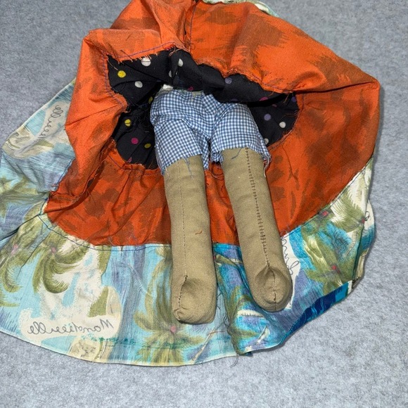 Handmade Folk Art Doll Tropical Print Patchwork Skirt Straw Hat - Picture 3 of 11